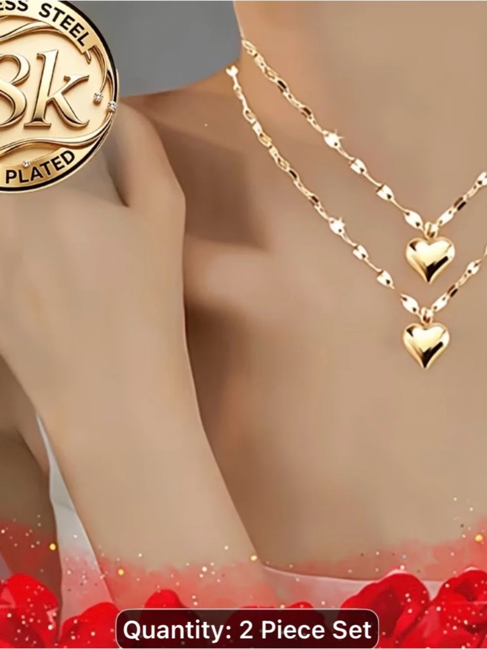 18k Gold pleated Heart Layered Necklace Set - 2 Piece
